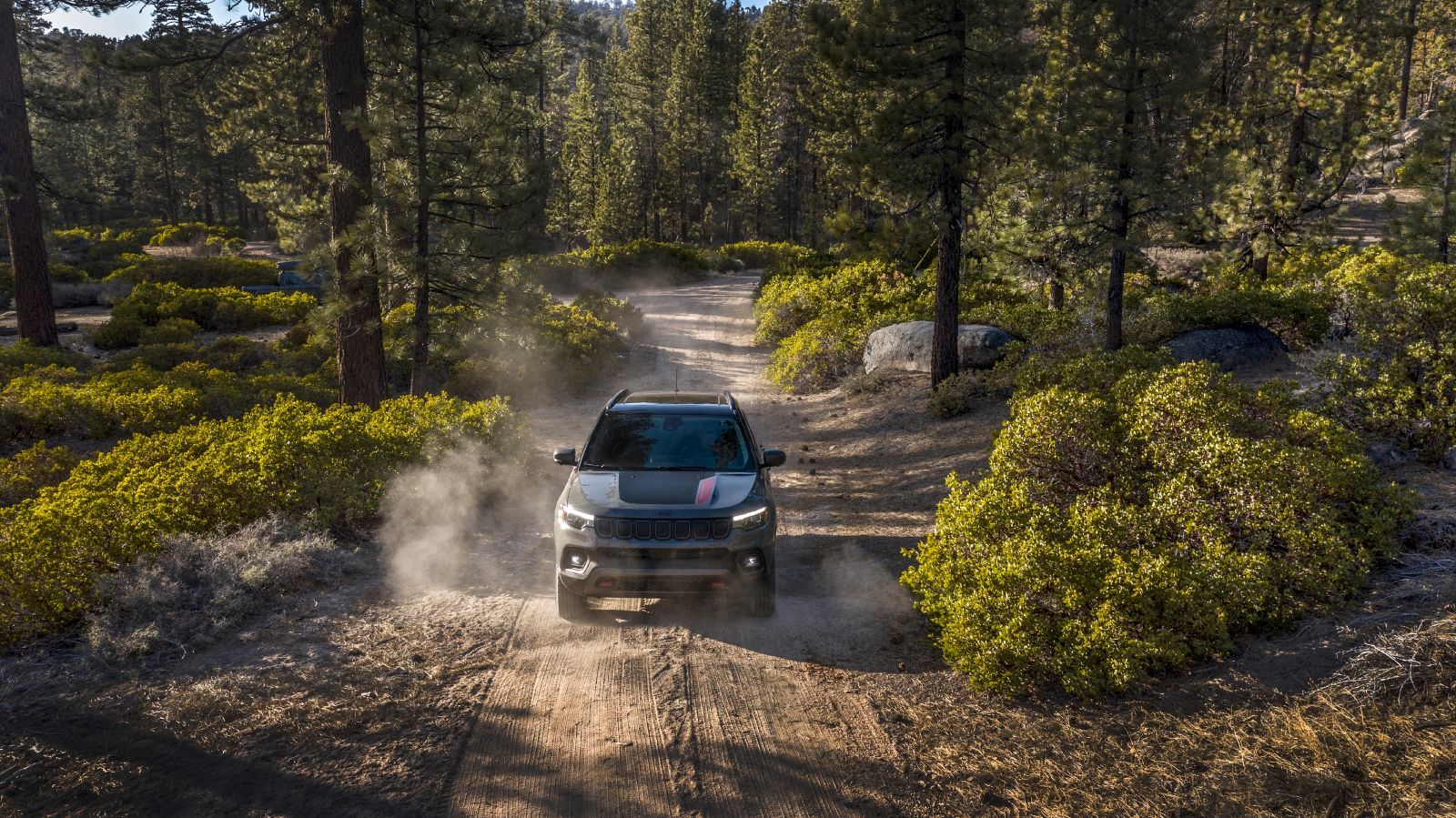 2025 Jeep Compass a grey 2025 Jeep Compass Trailhawk driving down a dusty forest path - Cooksville Dodge - new car dealerships in Ontario