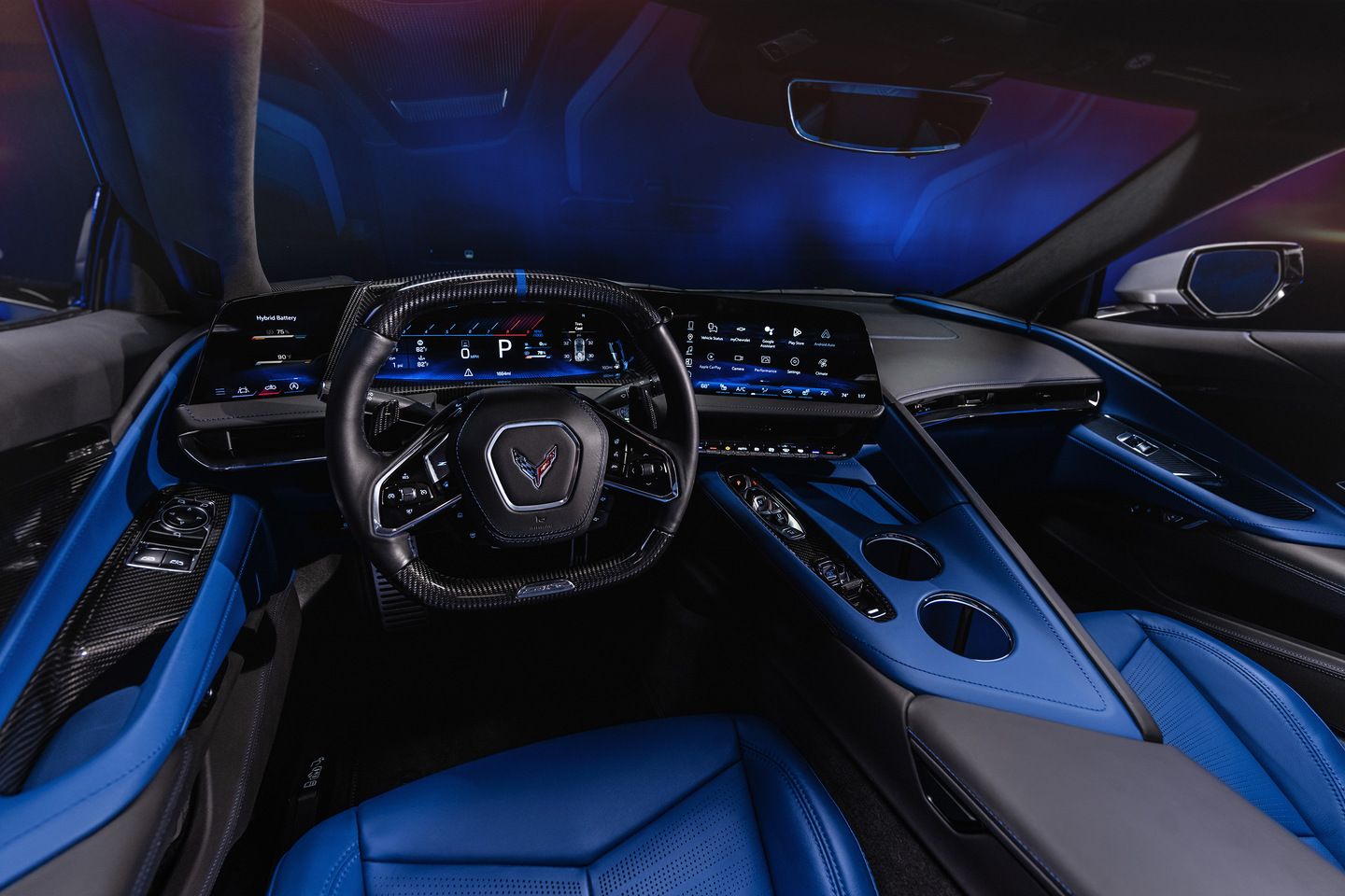 2026 Chevrolet Corvette ZR1 interior view of the driver's cockpit with blue leather and a digital display - Applewood Chevrolet Buick GMC - New car dealership in Mississauga, Ontario