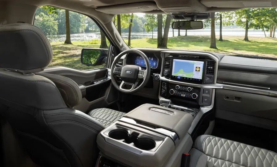 2025 Ford F-150 Platinum - interior view of the 2025 Ford F-150 Platinum's dashboard, infotainment screen, and front seats - Humberview Mobility - Accessible vehicle dealership in Toronto, Ontario