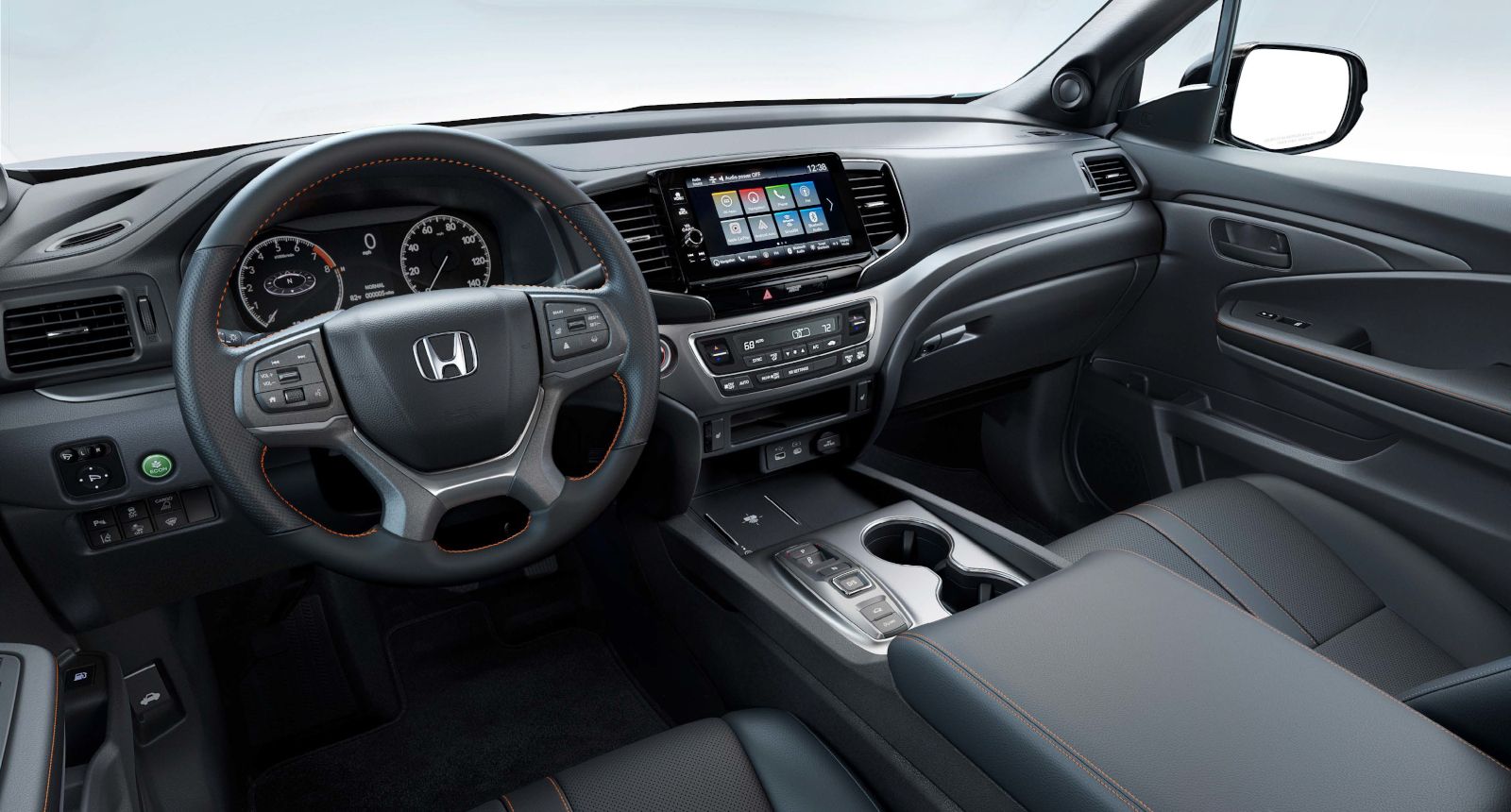 2025 Honda Ridgeline - Interior view of the driver's seat, dashboard, and infotainment screen of the 2025 Honda Ridgeline - Orangeville Honda - New car dealership in Orangeville, Ontario
