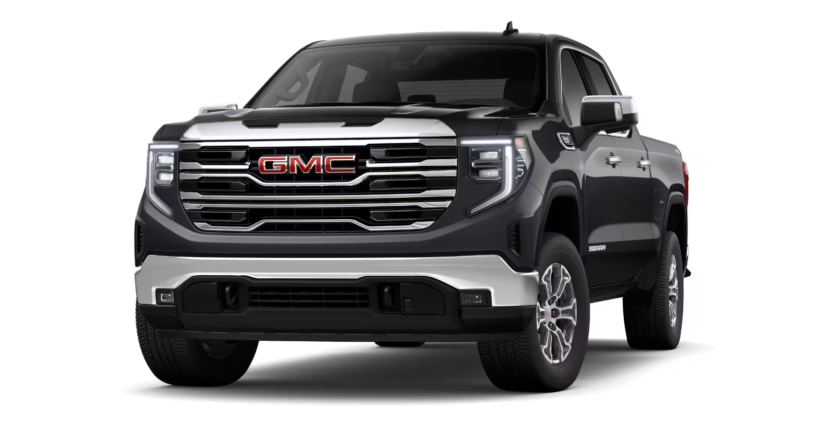 2026 GMC Sierra 1500 SLT - A dark grey 2026 GMC Sierra 1500 SLT, shown from the front to feature its chrome grille - City Chevrolet Buick GMC - New car dealership in Toronto, Ontario