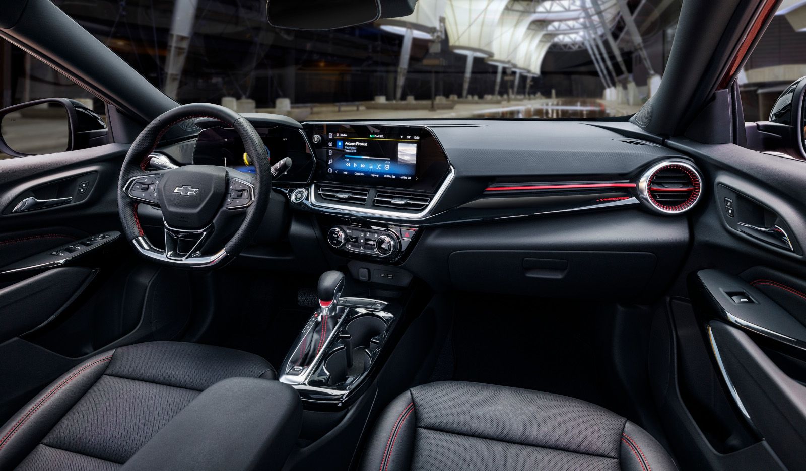 2026 Chevrolet Trax - Interior view of the 2026 Chevrolet Trax RS dashboard, showing the steering wheel and large infotainment screen.