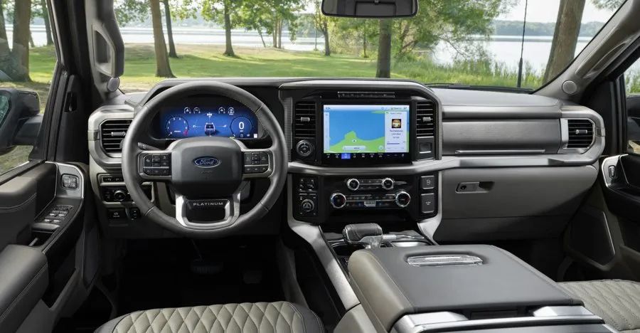 2026 Ford F-150 Platinum - View of the dashboard, steering wheel, and infotainment screen inside a 2026 Ford F-150 Platinum - Mayfield Ford - New car dealership in Brampton, Ontario