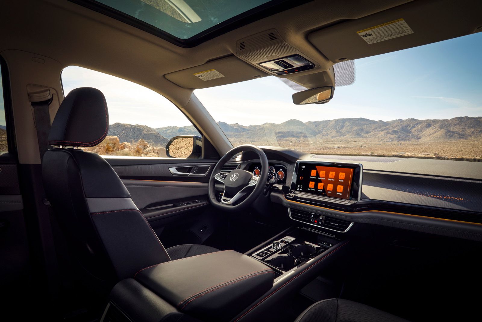 2026 Volkswagen Atlas Peak Edition - interior view of the 2026 Volkswagen Atlas dashboard, steering wheel, and infotainment screen - Humberview Volkswagen - New car dealership in Toronto, Ontario