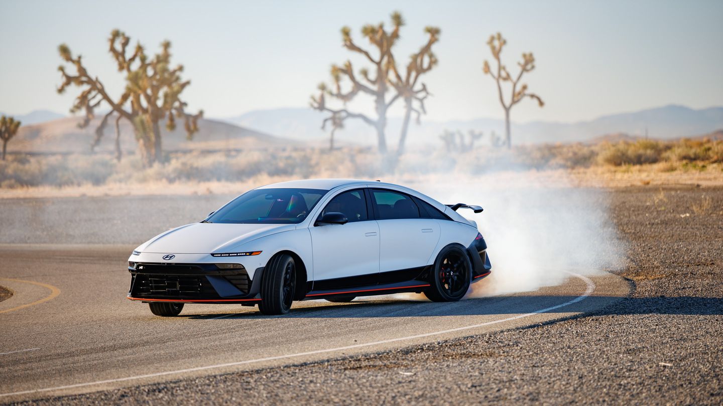 2026 Hyundai IONIQ 6 N - a white 2026 Hyundai IONIQ 6 N drifting on a race track - Cooksville Hyundai - New car dealership in Mississauga, Ontario