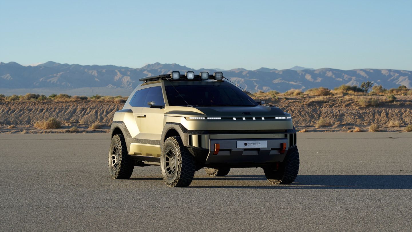 2026 Hyundai Crater Concept - front view of a rugged beige off-road SUV concept parked on an airstrip - Woodstock Hyundai - New car dealership in Woodstock, Ontario