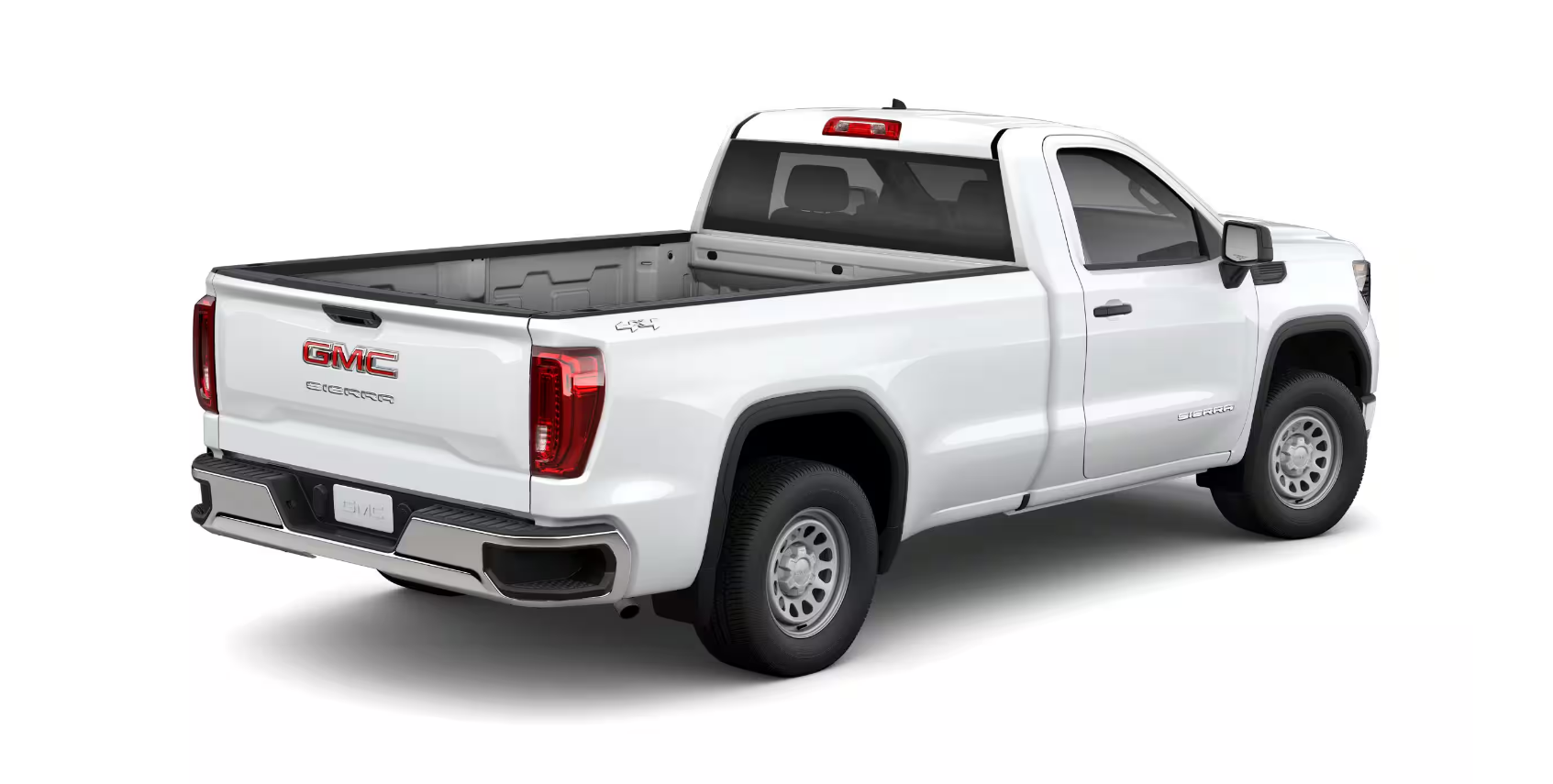 2026 GMC Sierra 1500 - rear three-quarter view of a white 2026 GMC Sierra 1500 Regular Cab - City Chevrolet, Buick, GMC - New car dealership in Toronto, Ontario