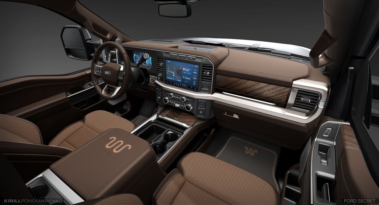 2026 Ford Super Duty - interior view of the 2026 Ford Super Duty King Ranch dashboard and leather seats - Bayfield Ford - New car dealership in Barrie, Ontario