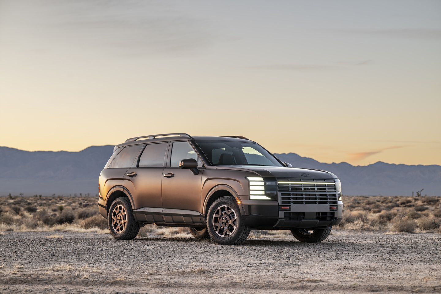 2026 Hyundai Palisade - a bronze 2026 Hyundai Palisade XRT parked in a desert landscape - Humberview Group - New car dealerships in Ontario