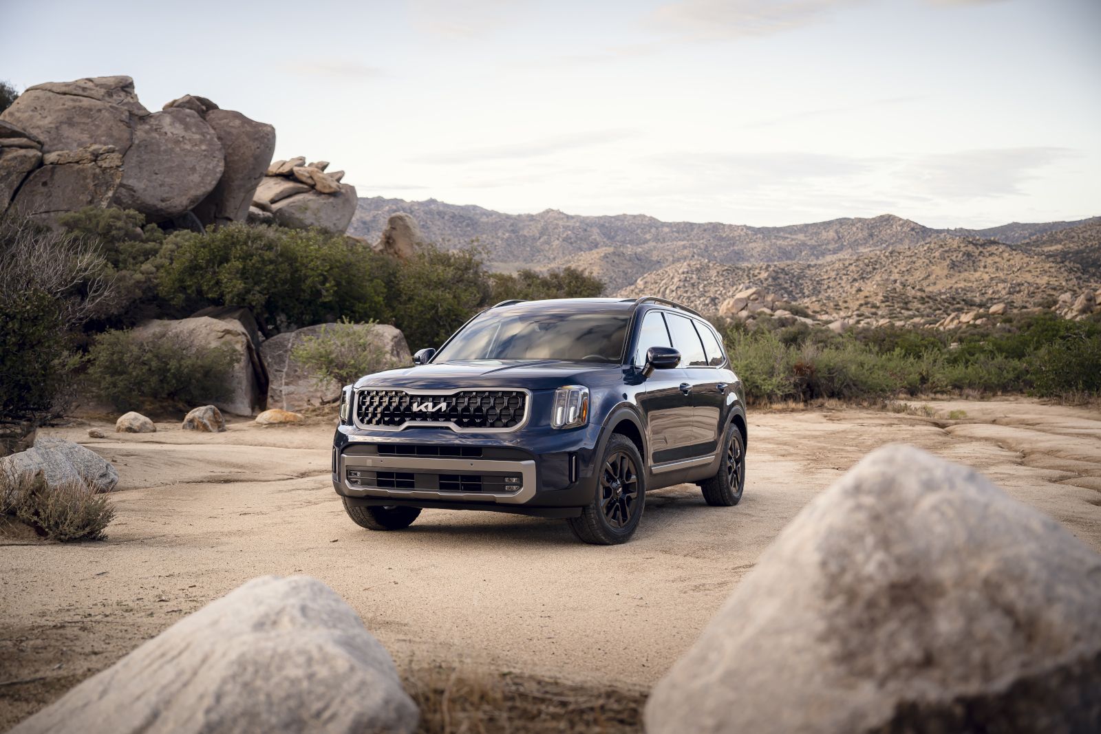 Kia Telluride - a dark blue Kia Telluride parked in a rocky desert landscape - Autopark Barrie - Used car dealership in Barrie, Ontario
