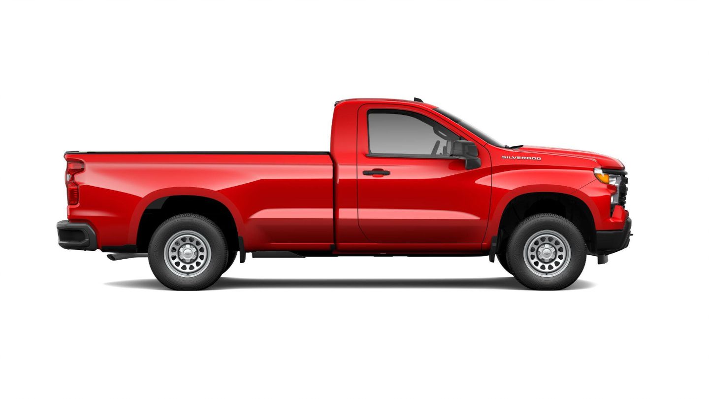 2026 Chevrolet Silverado - side profile view of a red 2026 Chevrolet Silverado Regular Cab with a long bed - Applewood Chevrolet, Buick, GMC - New car dealership in Mississauga, Ontario