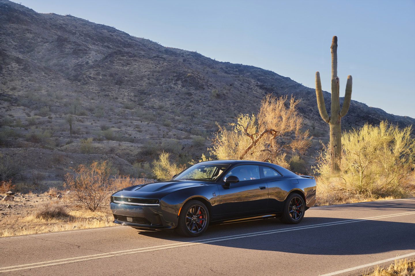 2026 Dodge Charger - a dark blue 2026 Dodge Charger parked on a desert road next to a large cactus - Humberview Group - New car dealerships in Ontario