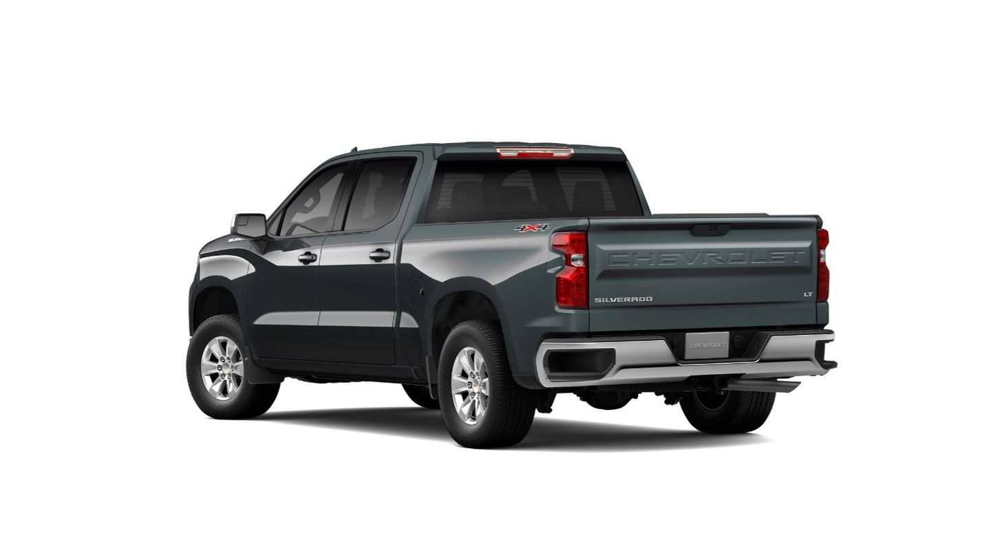 2026 Chevrolet Silverado - rear three-quarter view of a dark grey 2026 Chevrolet Silverado LT with a chrome bumper - Humberview Chevrolet, Buick, GMC - New car dealership in Toronto, Ontario