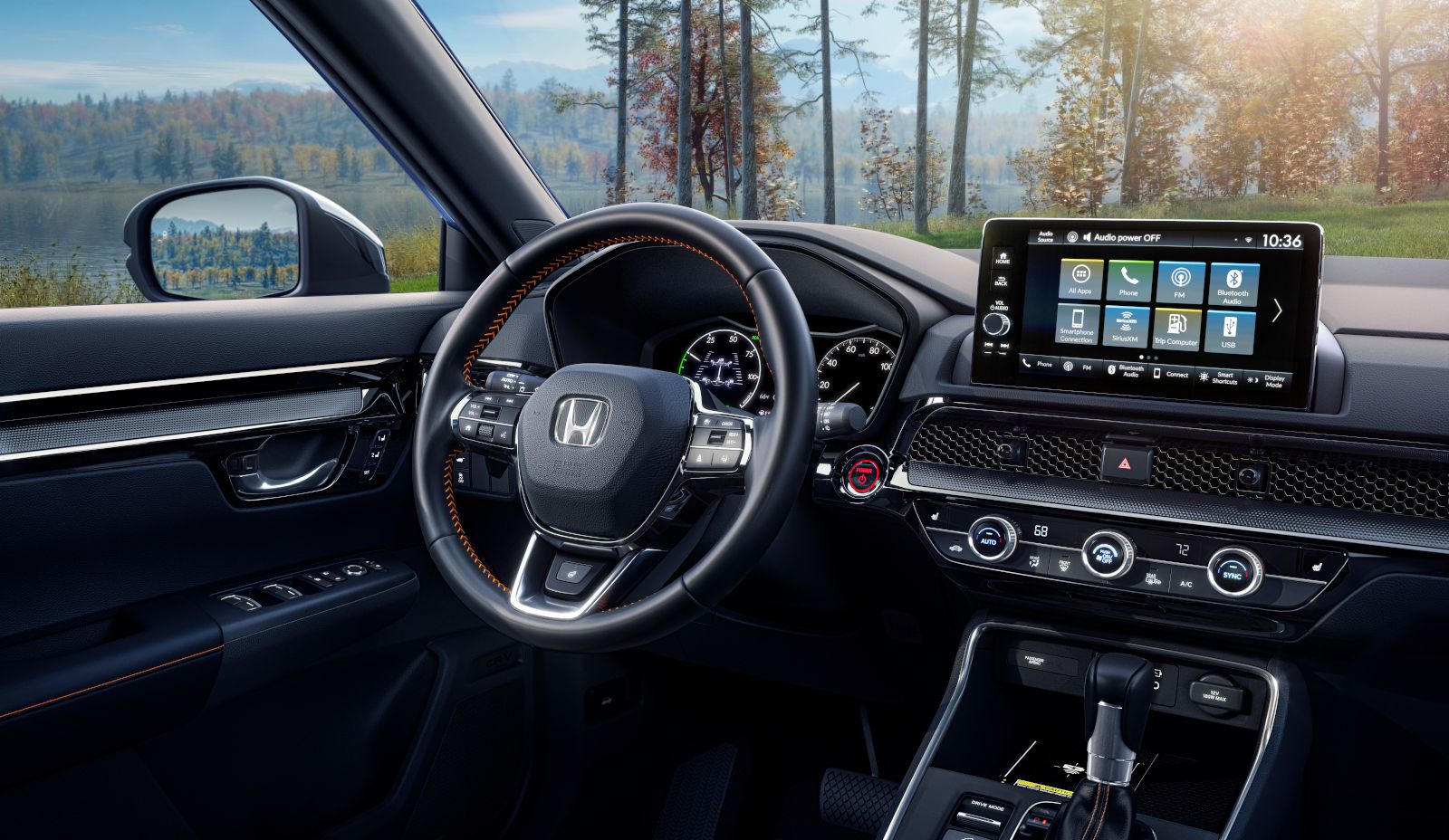 2026 Honda CR-V Sport Touring Hybrid - interior view of the dashboard, steering wheel, and infotainment screen - Orangeville Honda - New car dealership in Orangeville, Ontario