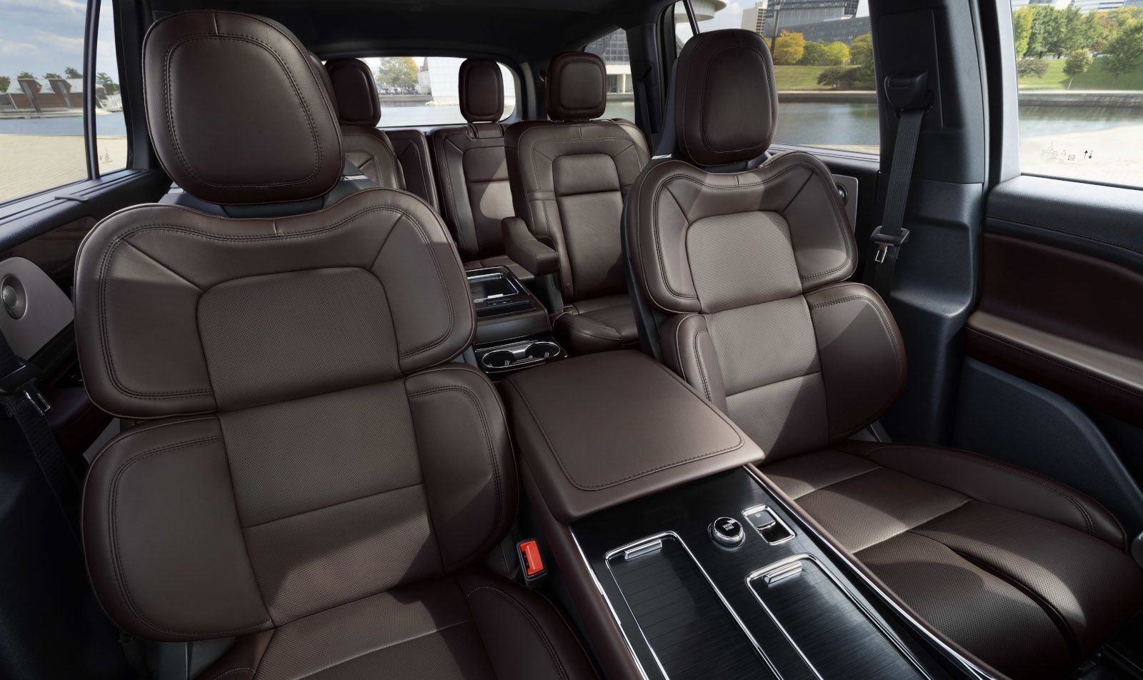 2026 Lincoln Aviator - interior view showing the three rows of premium brown leather seating in a 2026 Lincoln Aviator - Bayfield Lincoln - New car dealership in Barrie, Ontario