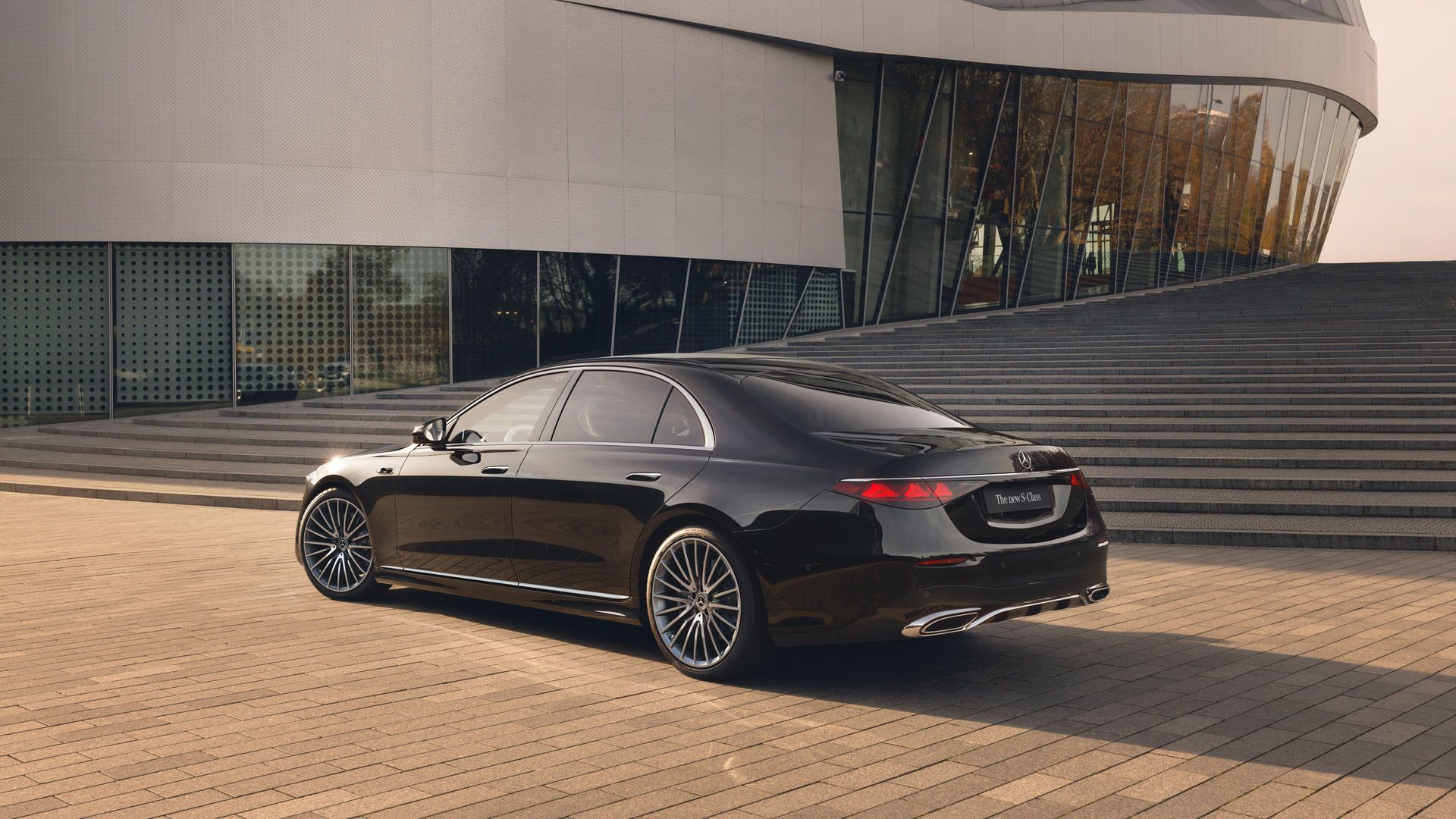 2027 Mercedes-Benz S-Class - rear three-quarter view of a black 2026 Mercedes-Benz S-Class parked on a paved lot - Mercedes-Benz Brampton - New car dealership in Brampton, Ontario