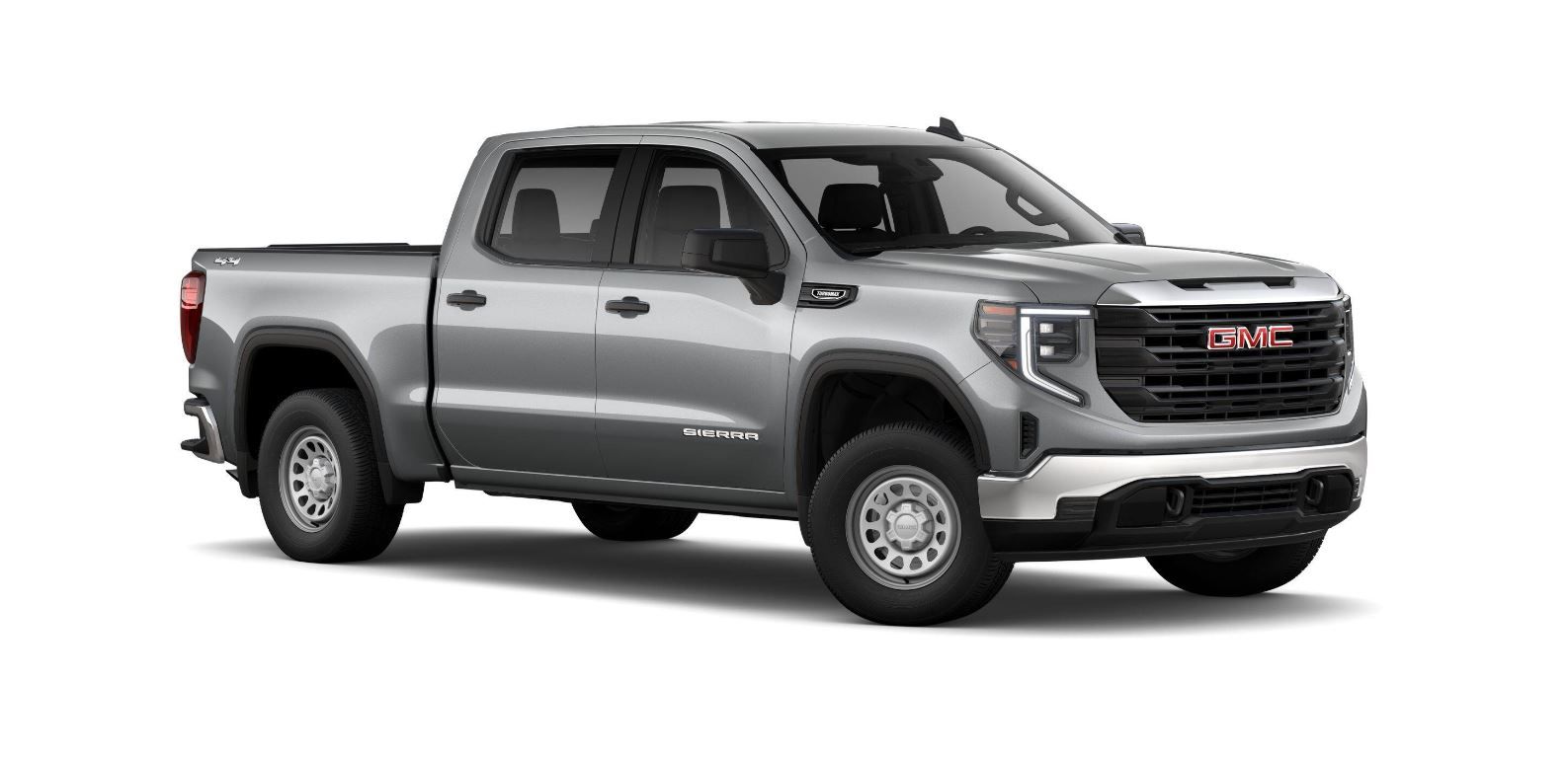 2026 GMC Sierra - front 3/4 view of a silver 2026 GMC Sierra crew cab - Applewood Chevrolet Buick GMC - GMC new car dealership in Mississauga, Ontario