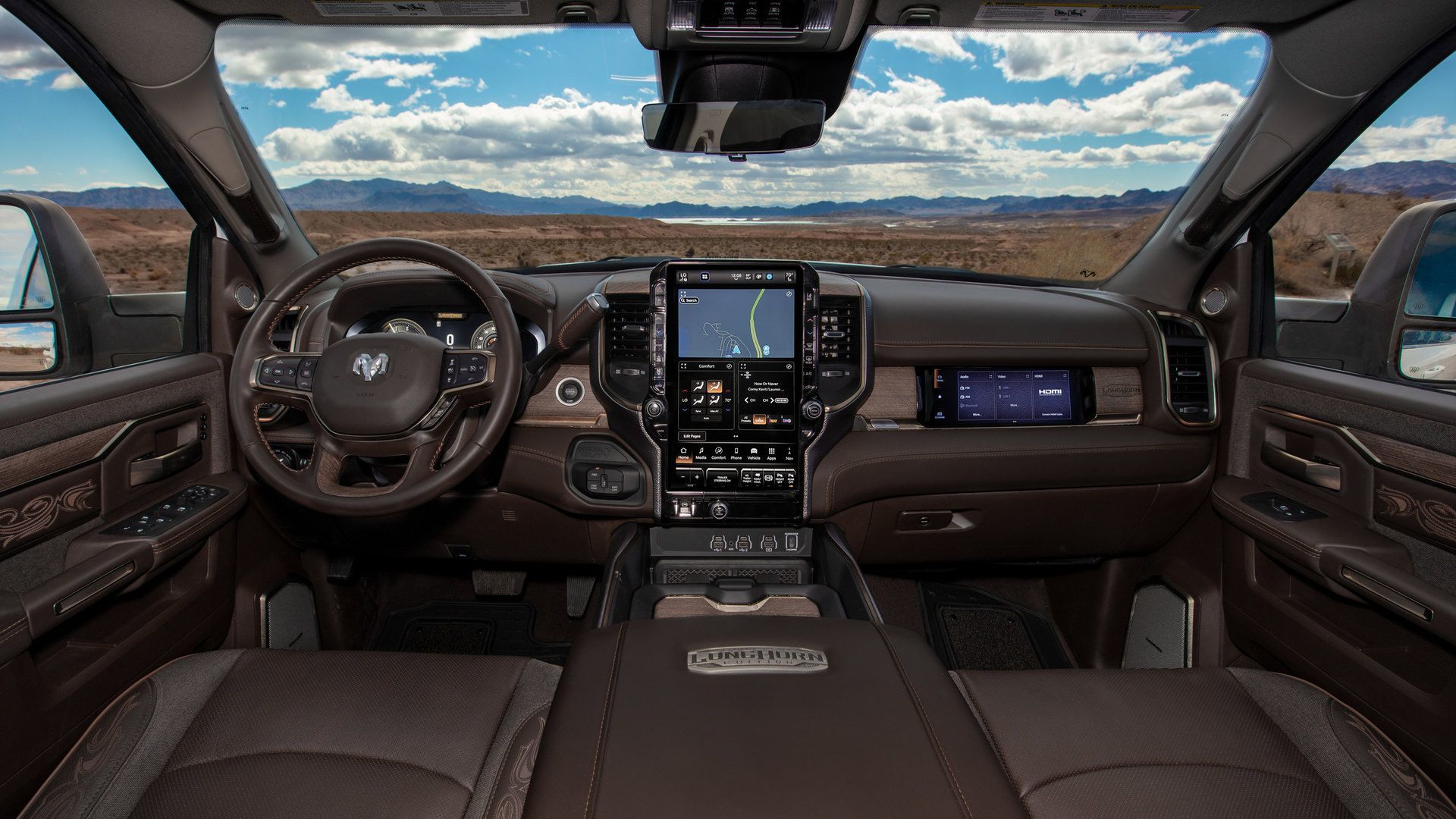 2026 RAM 2500 Longhorn Limited - interior view of the 2026 RAM 2500 Longhorn Limited's premium dashboard and vertical infotainment screen - Cooksville Dodge - RAM car dealership in Mississauga, Ontario