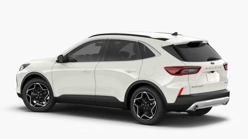2026 Ford Escape Platinum - rear 3/4 view of a white 2026 Ford Escape Platinum featuring distinct alloy wheels against a white background - Bayfield Ford - Ford new car dealership in Barrie, ON