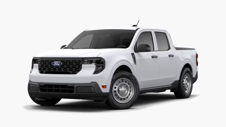 2026 Ford Maverick - front three-quarter view of a white 2026 Ford Maverick with steel wheels on a white background - Mayfield Ford - Ford new car dealership in Brampton, Ontario