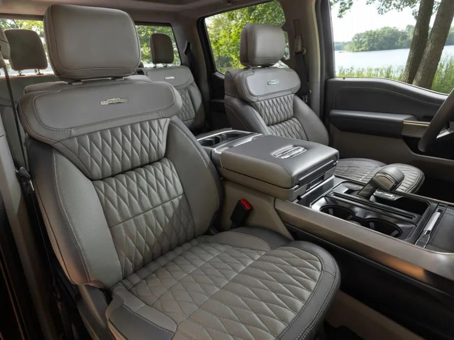 2026 Ford F-150 Platinum - interior view of the premium grey leather front and rear seats with diamond-pattern stitching - Mayfield Ford - New car dealership in Brampton, Ontario