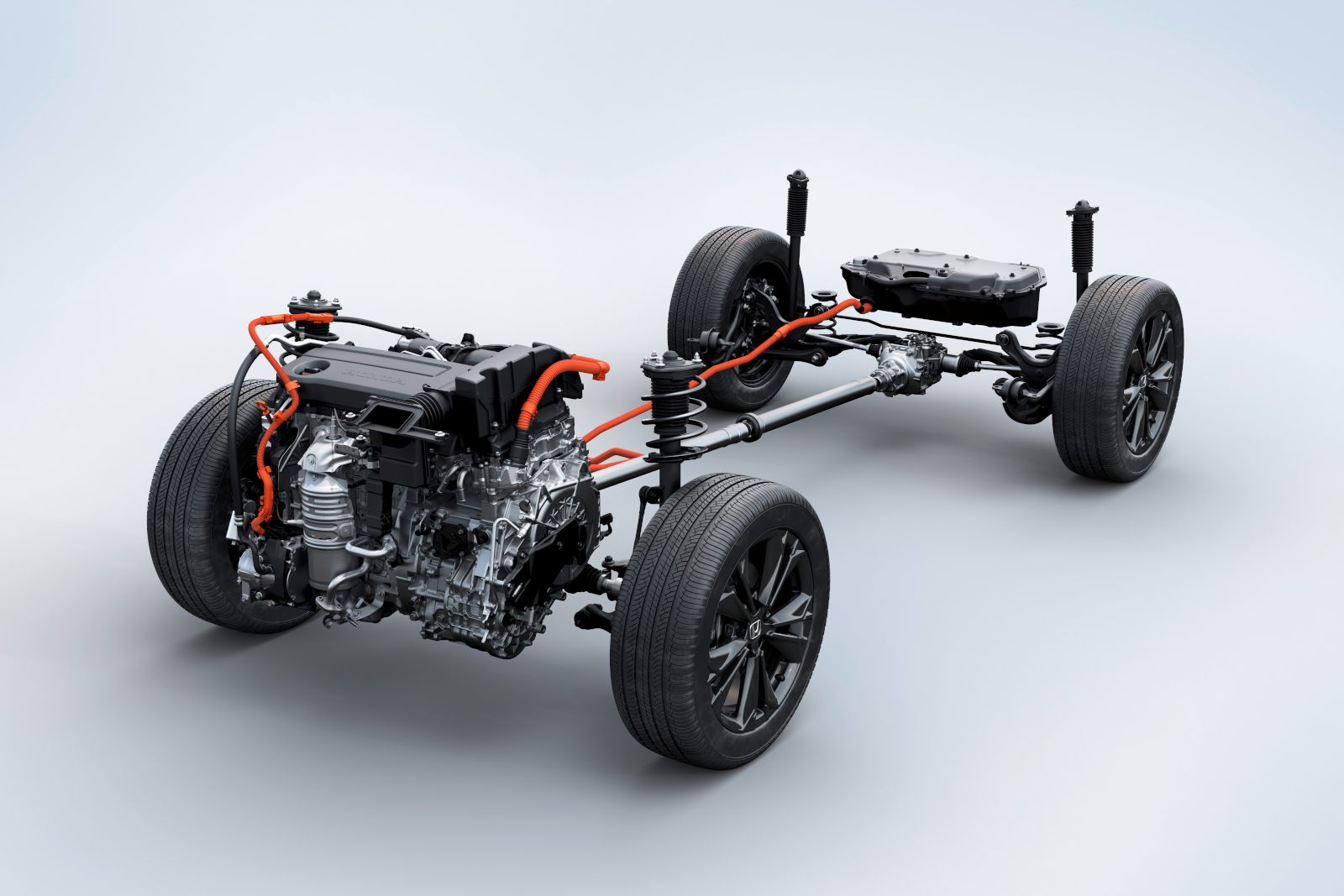 2026 Honda CR-V Hybrid - 3D rendering of the 2026 Honda CR-V hybrid powertrain and all-wheel-drive chassis system - Goderich Honda - New car dealership in Goderich, Ontario