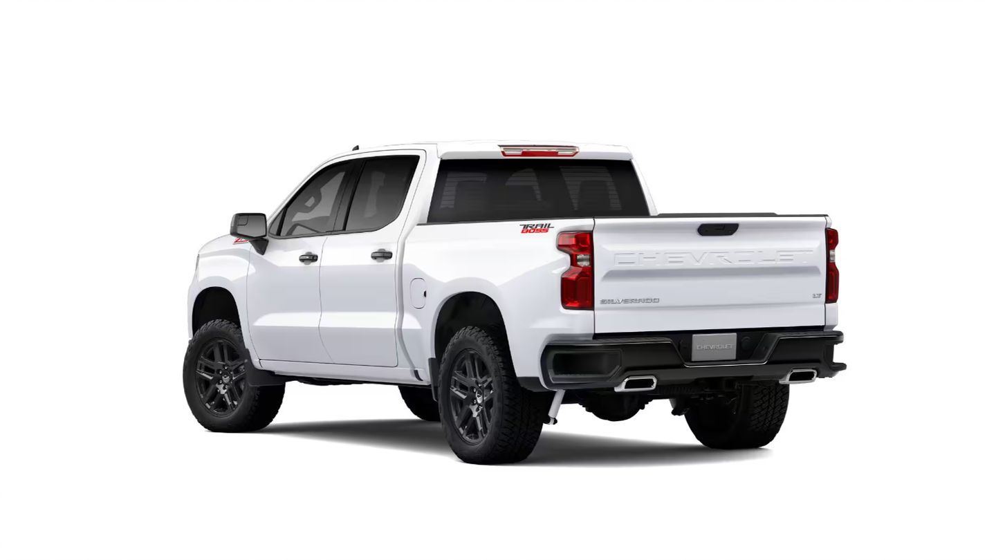 2026 Chevrolet Silverado Trail Boss - Rear driver side profile view of a white 2026 Chevrolet Silverado Trail Boss over a white background - Humberview Chevrolet, Buick, GMC - New car dealership in Toronto, Ontario