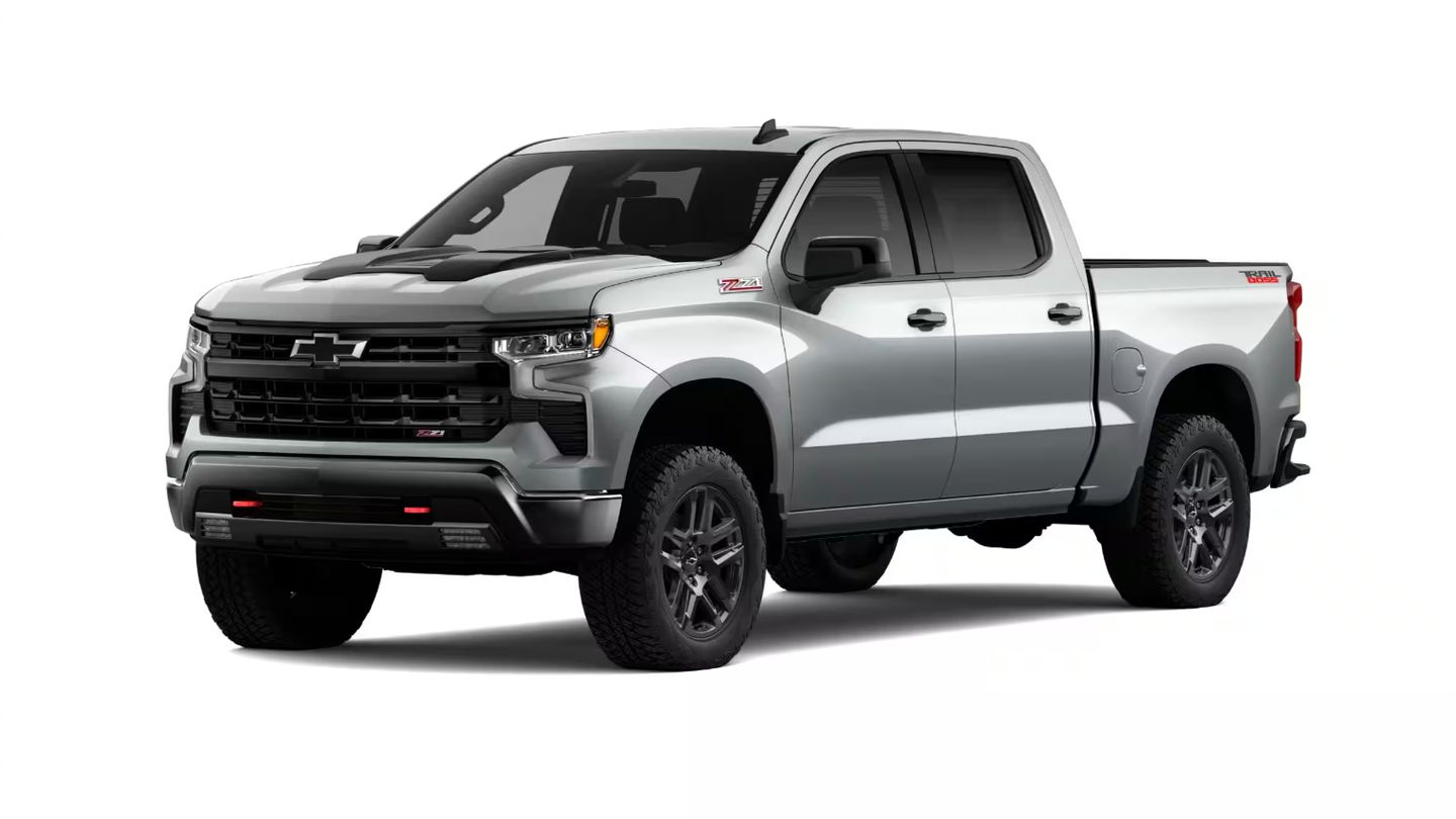 2026 Chevrolet Silverado Trail Boss - Front driver side profile view of a silver 2026 Chevrolet Silverado Trail Boss over a white background - Humberview Chevrolet, Buick, GMC - New car dealership in Toronto, Ontario