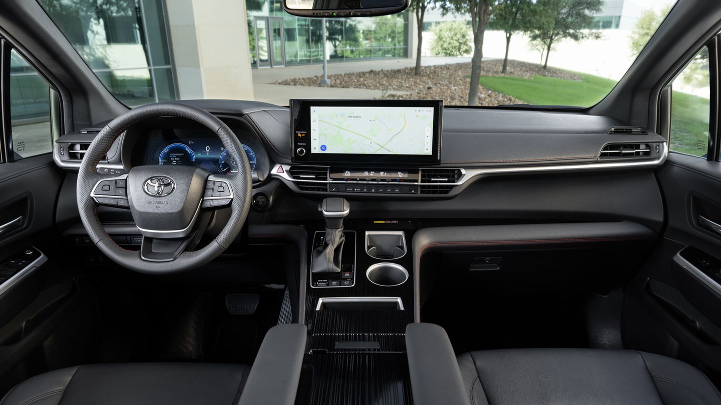2026 Toyota Sienna - interior view of the driver's side dashboard of a 2026 Toyota Sienna with black leather seats - Oakville Toyota - Toyota new car dealership in Oakville, Ontario