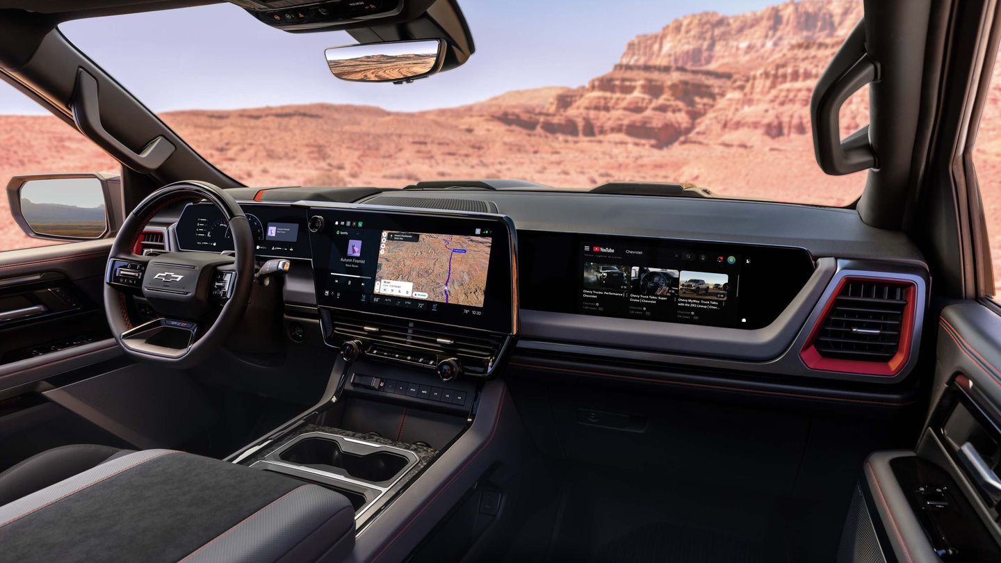 2027 Chevrolet Silverado - interior view of the dashboard, steering wheel, and infotainment displays - City Chevrolet, Buick, GMC - New car dealership in Toronto, Ontario