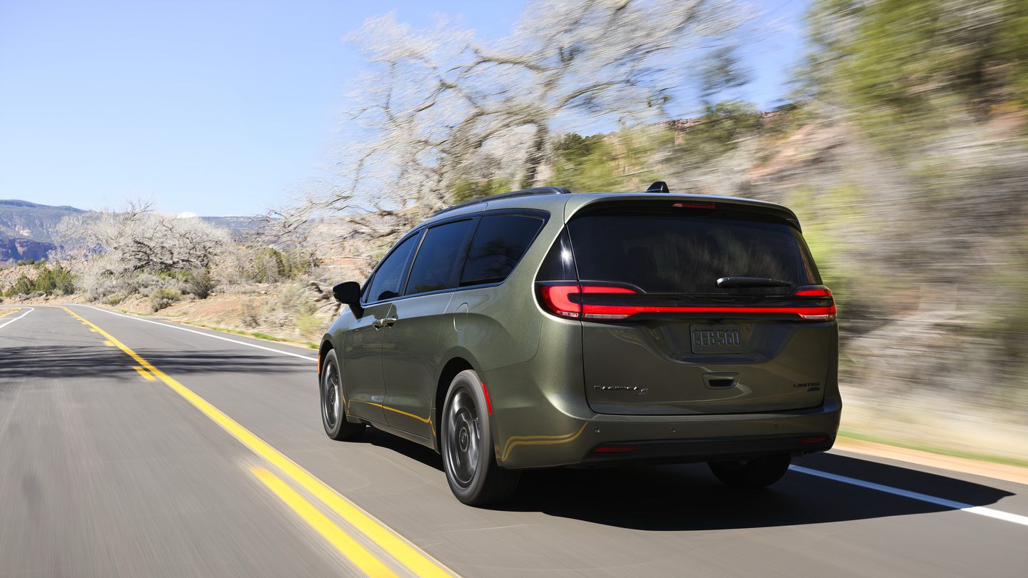 2027 Chrysler Pacifica - rear view of a green 2027 Chrysler Pacifica driving on a highway - Cooksville Chrysler, Jeep, Dodge, RAM - Chrysler new car dealership in Mississauga, Ontario
