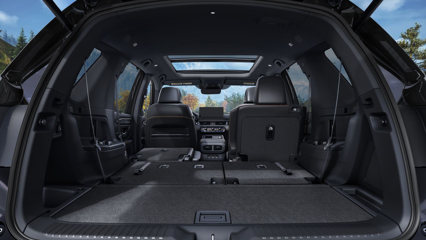 2026 Honda Pilot - interior view of the 2026 Honda Pilot's spacious cargo area with seats folded down - Goderich Honda - Honda new car dealership in Goderich, Ontario