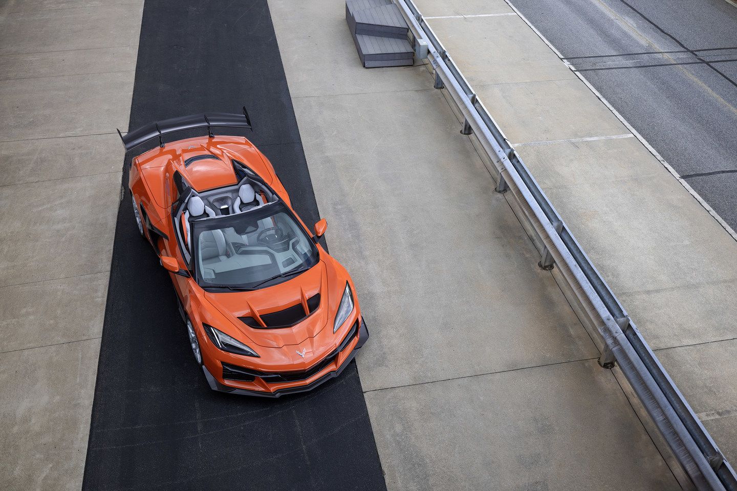 Chevrolet Corvette ZR1 - elevated top-down view of an orange Chevrolet Corvette ZR1 convertible - AutoPark Barrie - Used car dealership in Barrie, Ontario