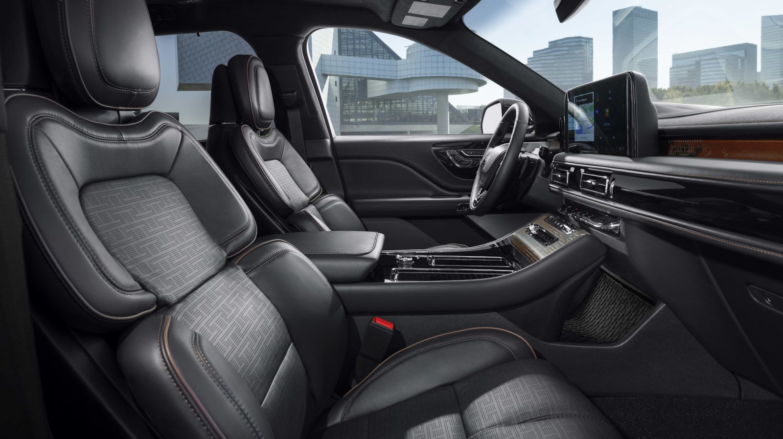 2026 Lincoln Aviator - interior view of the 2026 Lincoln Aviator's black leather front seats and dashboard - Mayfield Lincoln - Lincoln car dealership in Brampton, Ontario