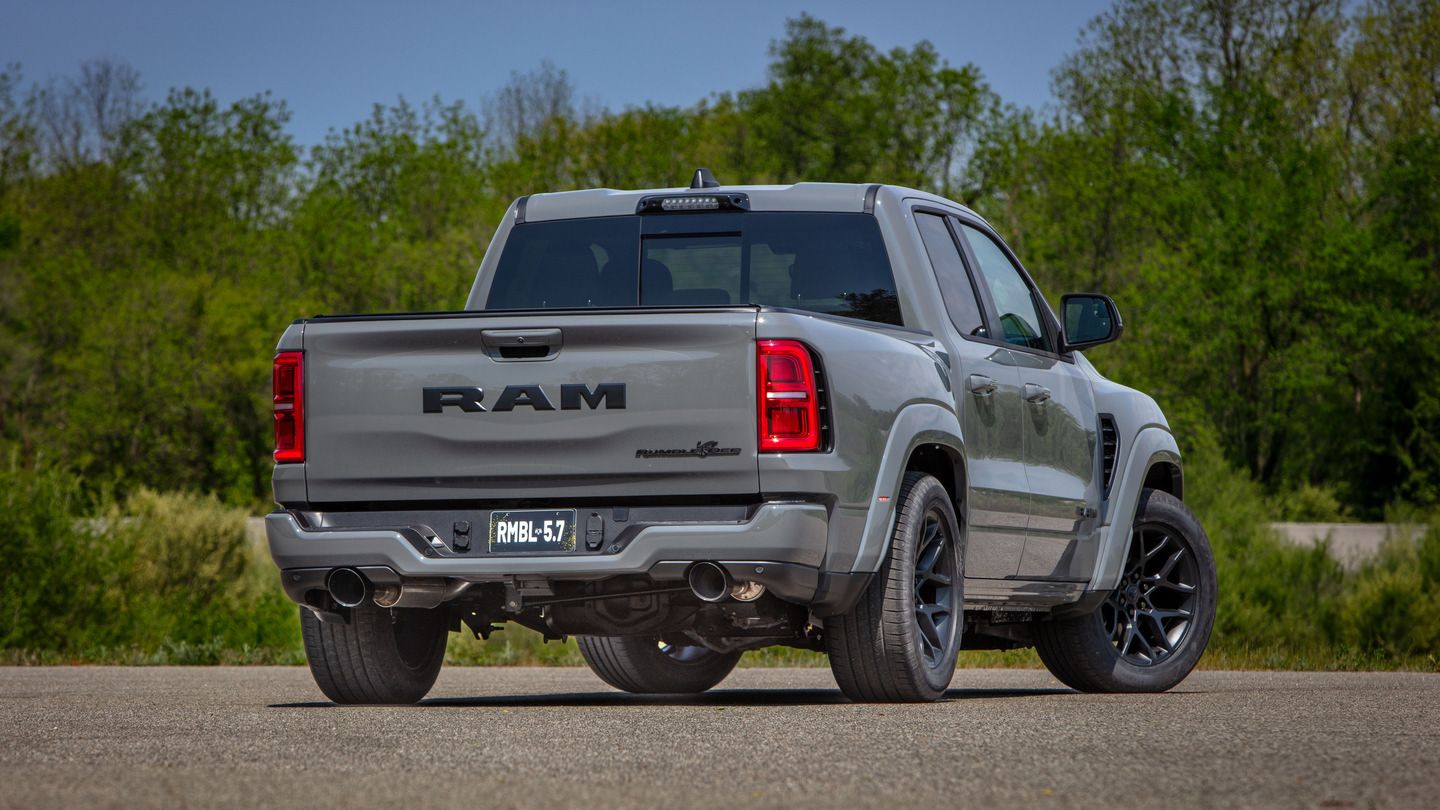 2027 Ram 1500 Rumble Bee - rear three-quarter view of a grey 2027 Ram 1500 Rumble Bee parked on pavement - Cooksville Dodge - Ram car dealership in Mississauga, Ontario