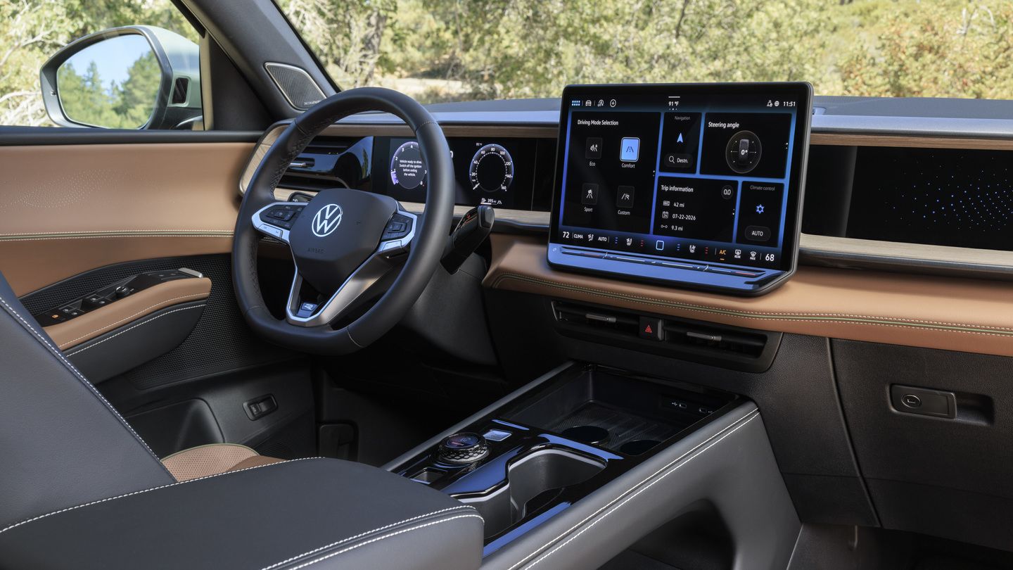 2027 Volkswagen Atlas Cross Sport - interior view of the 2027 Volkswagen Atlas Cross Sport steering wheel, digital cockpit, and center touchscreen display - Volkswagen Midtown Toronto - Volkswagen car dealership in Toronto, Ontario