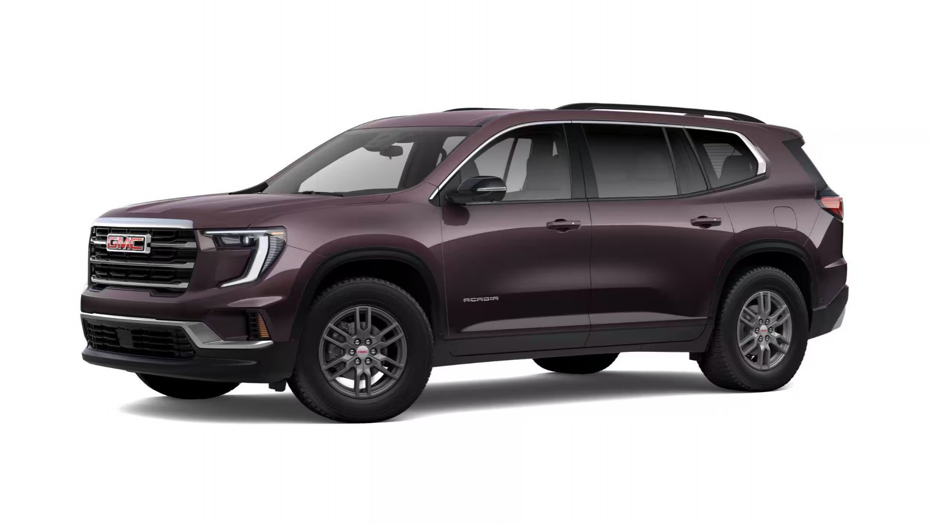 2026 GMC Acadia - side profile of a dark burgundy 2026 GMC Acadia in a studio setting - City Chevrolet, Buick, GMC - GMC car dealership in Toronto, Ontario