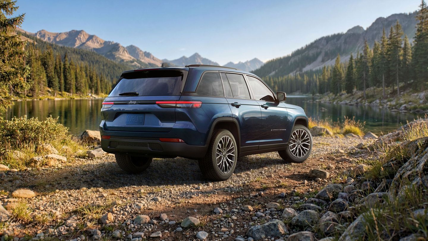 2026 Jeep Grand Cherokee - Rear three-quarter view of a dark blue Jeep Grand Cherokee parked on a rocky path by a mountain lake - Cooksville Chrysler, Jeep, Dodge - New car dealership in Mississauga, Ontario