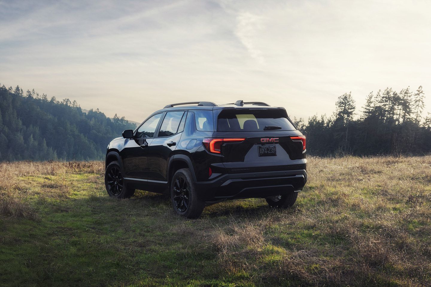 2026 GMC Terrain - rear three-quarter view of a black 2026 GMC Terrain parked in a grassy field - Applewood Chevrolet, Buick, GMC - GMC new car dealership in Mississauga, Ontario