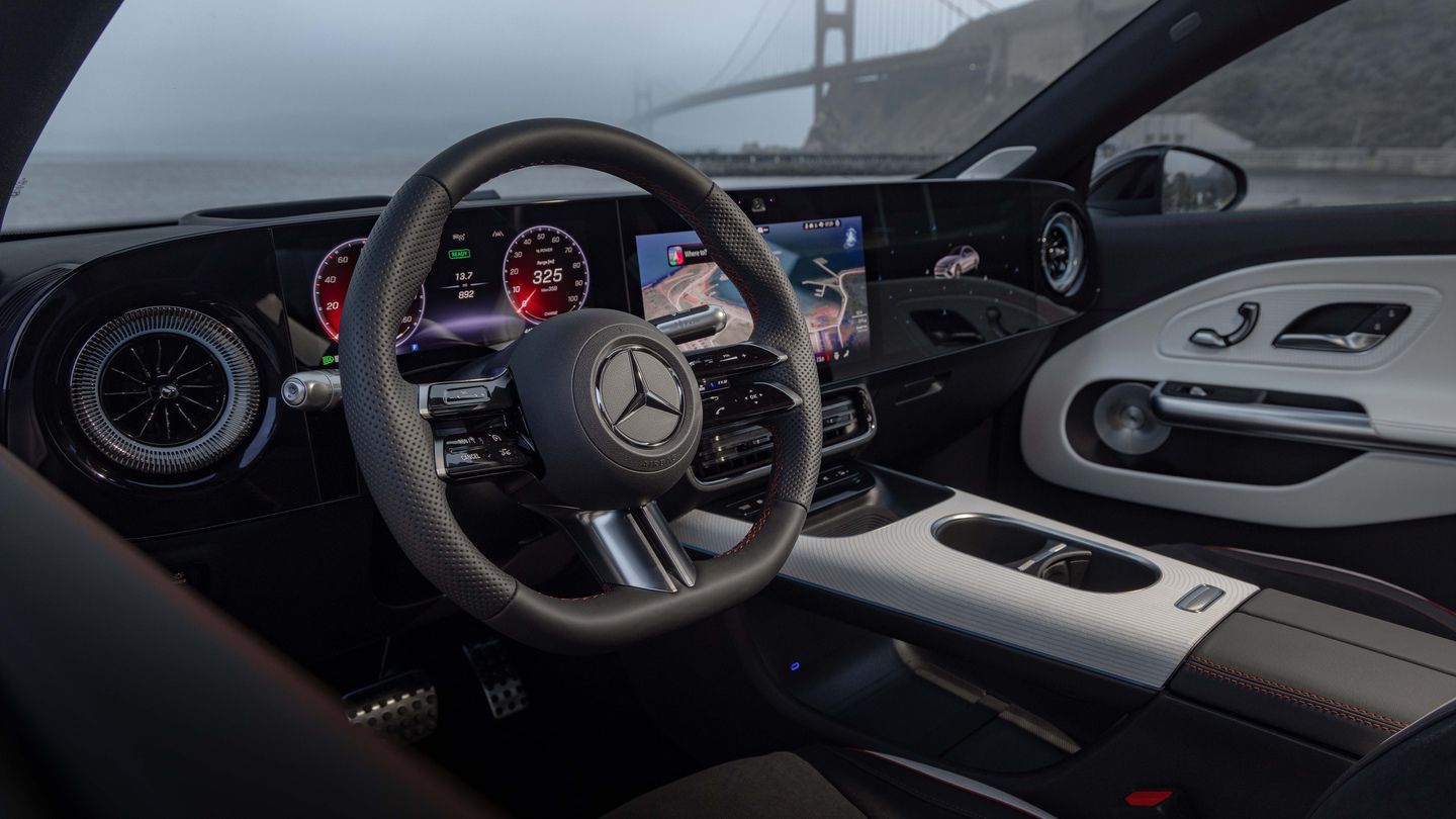 2027 Mercedes-Benz CLA - interior view of the 2027 Mercedes-Benz CLA's steering wheel, digital dashboard, and infotainment screens - Mercedes-Benz Brampton - Mercedes-Benz car dealership in Brampton, Ontario
