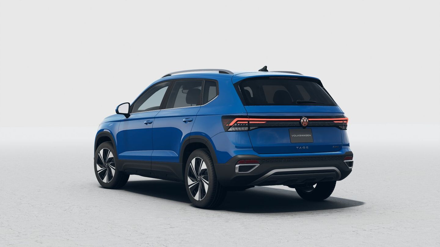 2027 Volkswagen Taos - rear three-quarter view of a blue 2027 Volkswagen Taos in a studio setting - Humberview Volkswagen - Volkswagen new car dealership in Toronto, Ontario