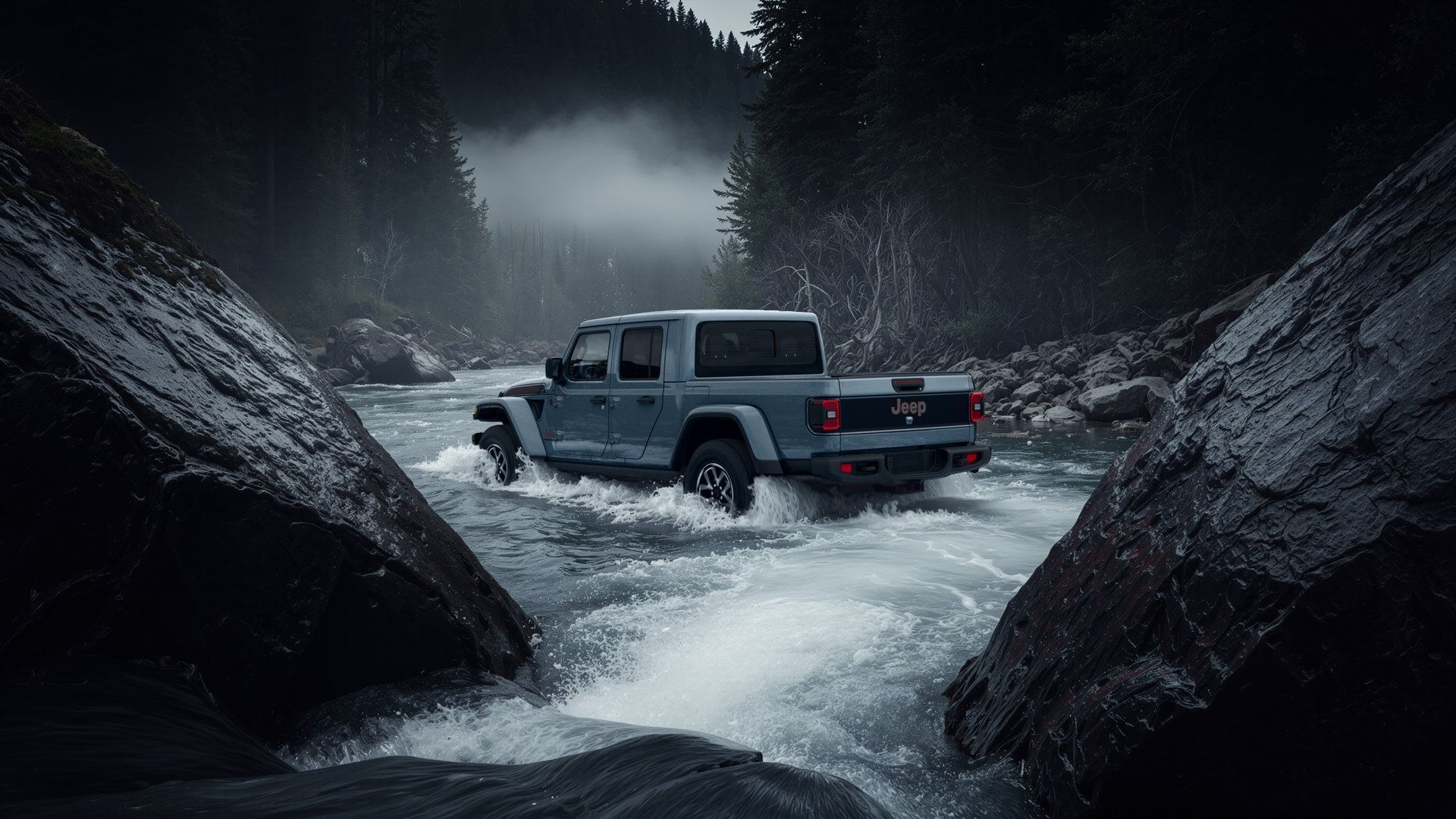 2027 Jeep Gladiator - a grey 2027 Jeep Gladiator driving through a rocky river - Cooksville Chrysler, Jeep, Dodge, Ram - New car dealership in Mississauga, Ontario