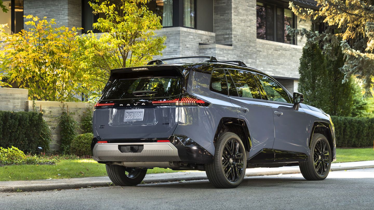 2027 Toyota RAV4 - rear three-quarter view of a gray 2027 Toyota RAV4 parked on a paved street - Goderich Toyota - New car dealership in Goderich, Ontario