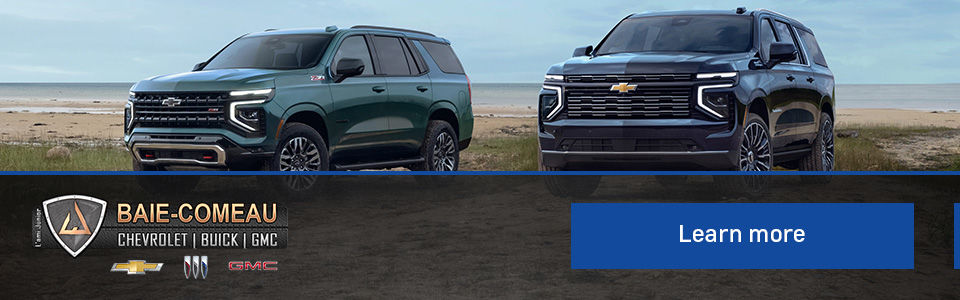 Image showing a 2025 Chevrolet Tahoe and a 2025 Chevrolet Suburban with a Call To Action button to schedule an appointment at Baie-Comeau Chevrolet Buick GMC. Comparison between the 2025 Chevrolet Tahoe and the 2025 Chevrolet Suburban. To make an informed choice, come visit us at our dealership in Baie-Comeau.