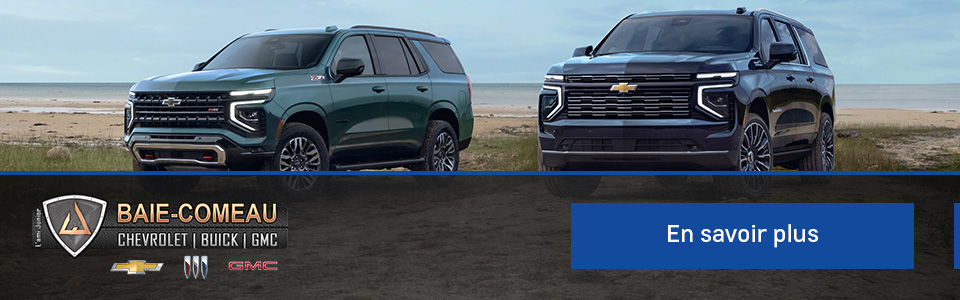 Image ou l'on voit un Chevrolet Tahoe 2025 et un Chevrolet Suburban 2025 avec un bouton Call To Action pour prendre rendez-vous chez Baie-Comeau Chevrolet Buick GMC. Comparatif entre le Chevrolet Tahoe 2025 et le Chevrolet Suburban 2025. Pour faire une choix éclairé, venez nous rendre visite dans notre concession à Baie-Comeau.  