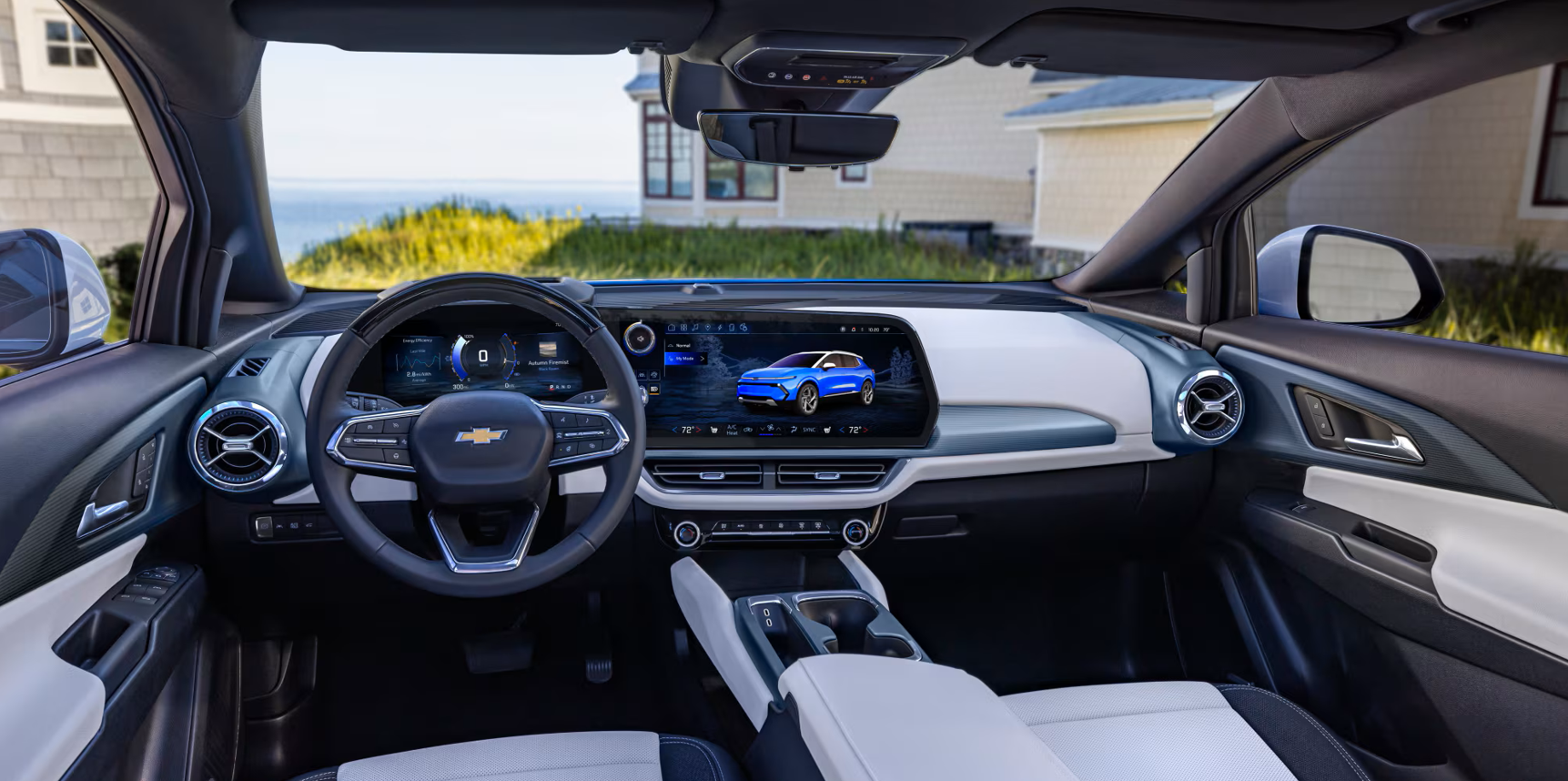 Modern interior of the 2025 Chevrolet Equinox EV with digital display and advanced dashboard.
