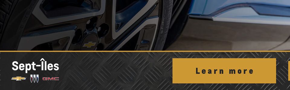 “Learn more” button with Chevrolet, Buick, and GMC logos at Sept-Îles GM.