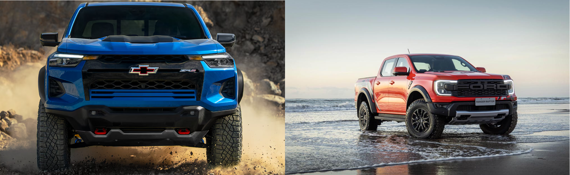 Blue 2025 Chevrolet Colorado ZR2 and red 2025 Ford Ranger Raptor, front view on road and beach.