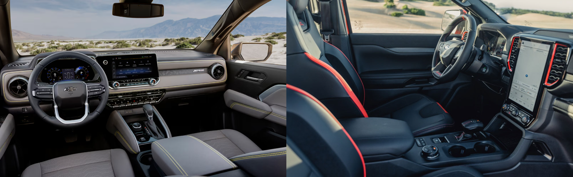 Modern interior of the 2025 Chevrolet Colorado ZR2 and cabin of the 2025 Ford Ranger Raptor with digital displays.