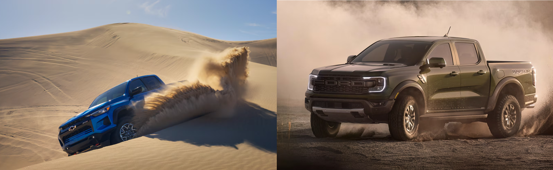 2025 Chevrolet Colorado ZR2 in desert dunes and 2025 Ford Ranger Raptor driving through dust.